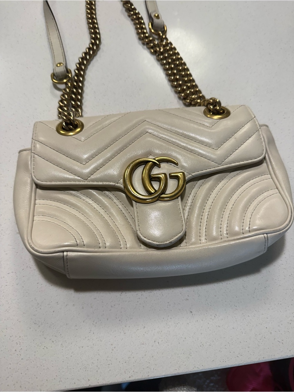 Gucci Cream Leather GG Marmont Shoulder Bag with Gold Hardware